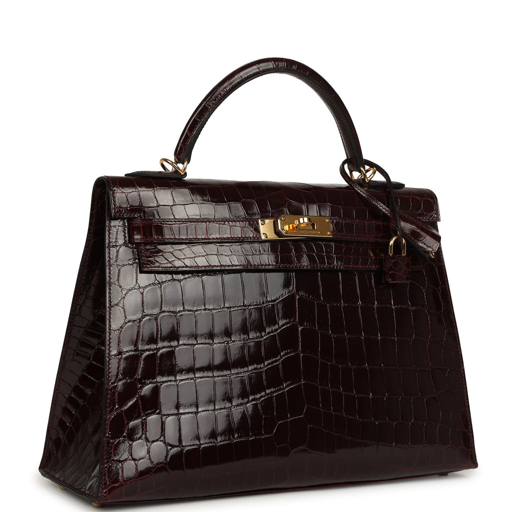 Pre-owned Hermes Kelly Sellier 32 Bordeaux Shiny Niloticus Crocodile Gold Hardware