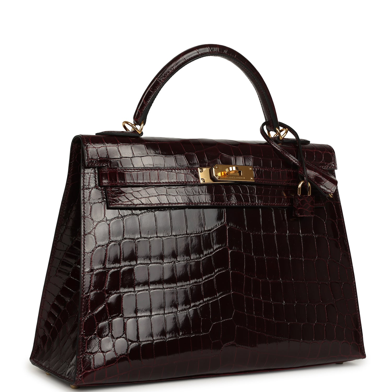 Pre-owned Hermes Kelly Sellier 32 Bordeaux Shiny Niloticus Crocodile Gold Hardware