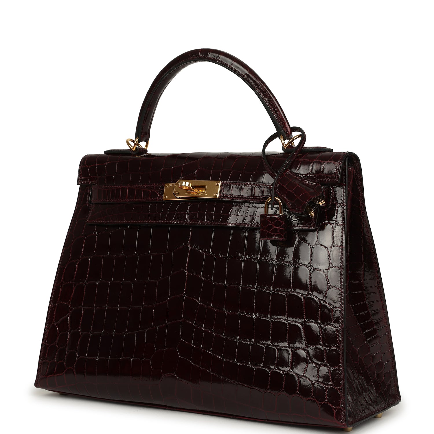 Pre-owned Hermes Kelly Sellier 32 Bordeaux Shiny Niloticus Crocodile Gold Hardware