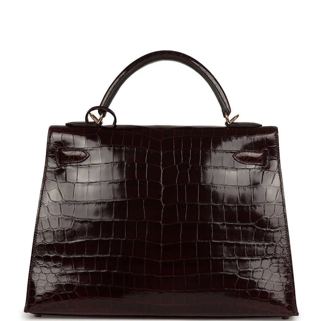 Pre-owned Hermes Kelly Sellier 32 Bordeaux Shiny Niloticus Crocodile Gold Hardware