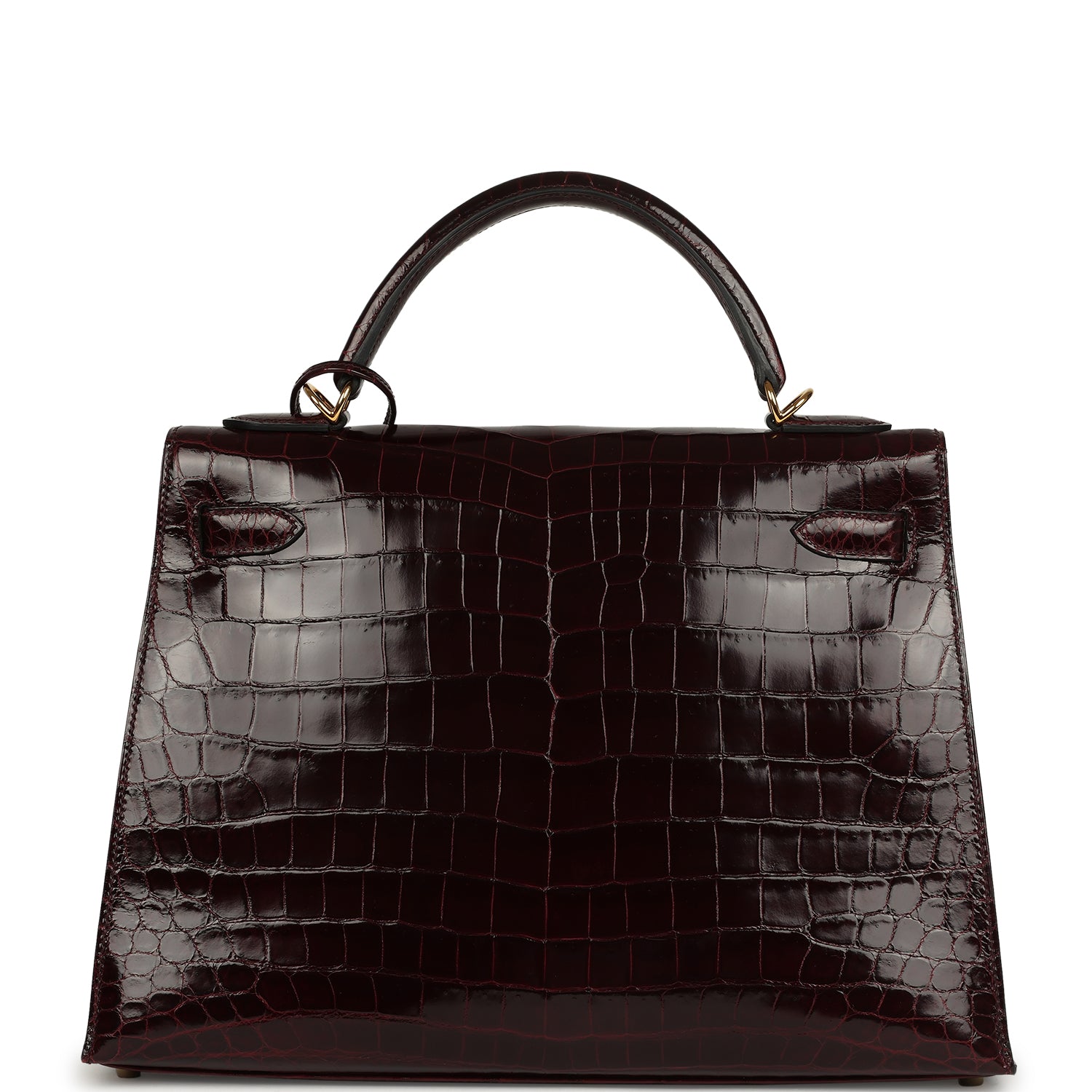 Pre-owned Hermes Kelly Sellier 32 Bordeaux Shiny Niloticus Crocodile Gold Hardware