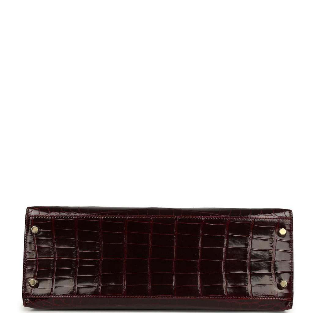 Pre-owned Hermes Kelly Sellier 32 Bordeaux Shiny Niloticus Crocodile Gold Hardware