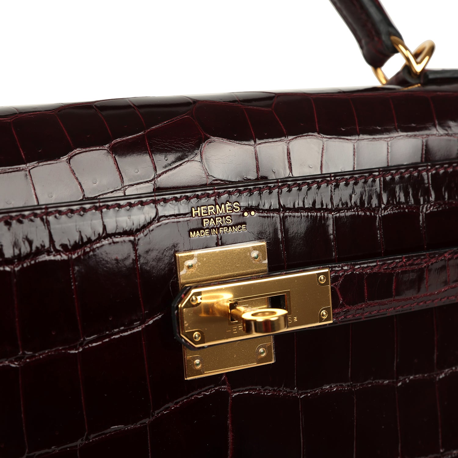 Pre-owned Hermes Kelly Sellier 32 Bordeaux Shiny Niloticus Crocodile Gold Hardware