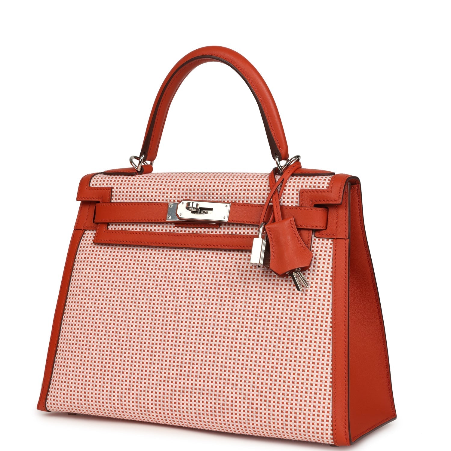 Pre-owned Hermes Quadrille Kelly Sellier 28 Brique Toile and Terre Battue Swift Palladium Hardware