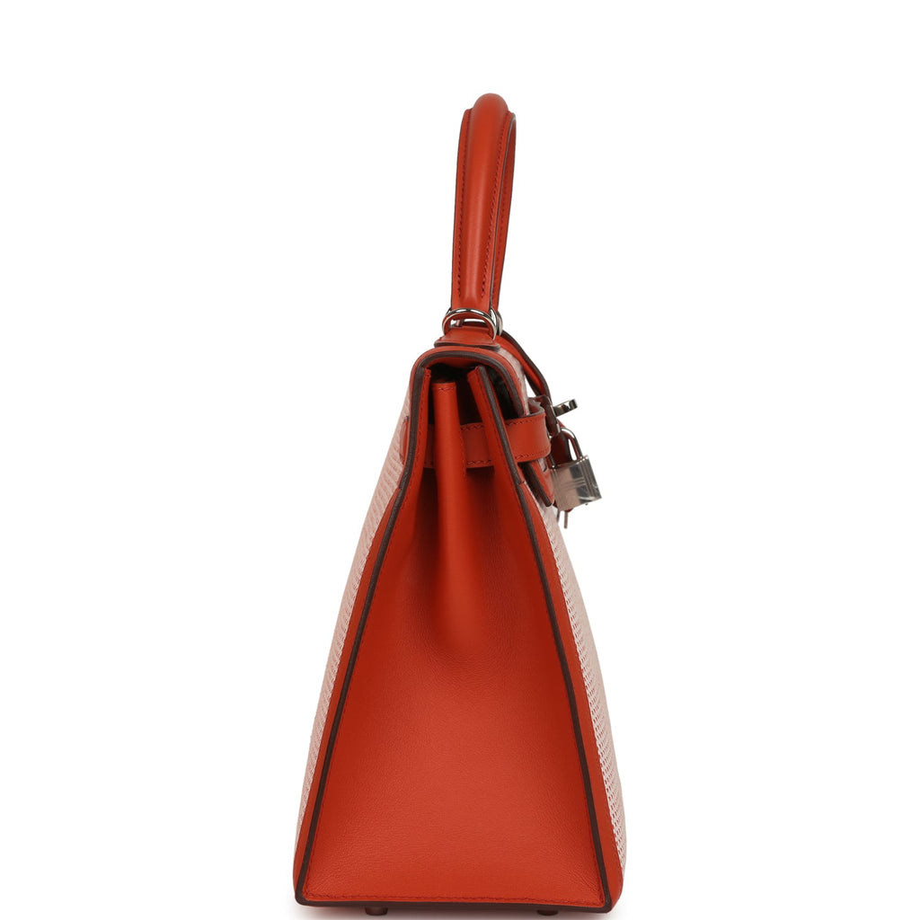 Pre-owned Hermes Quadrille Kelly Sellier 28 Brique Toile and Terre Battue Swift Palladium Hardware