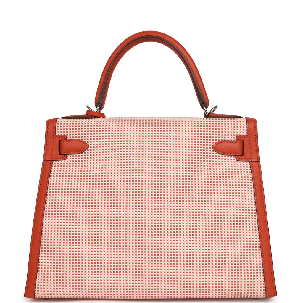 Pre-owned Hermes Quadrille Kelly Sellier 28 Brique Toile and Terre Battue Swift Palladium Hardware