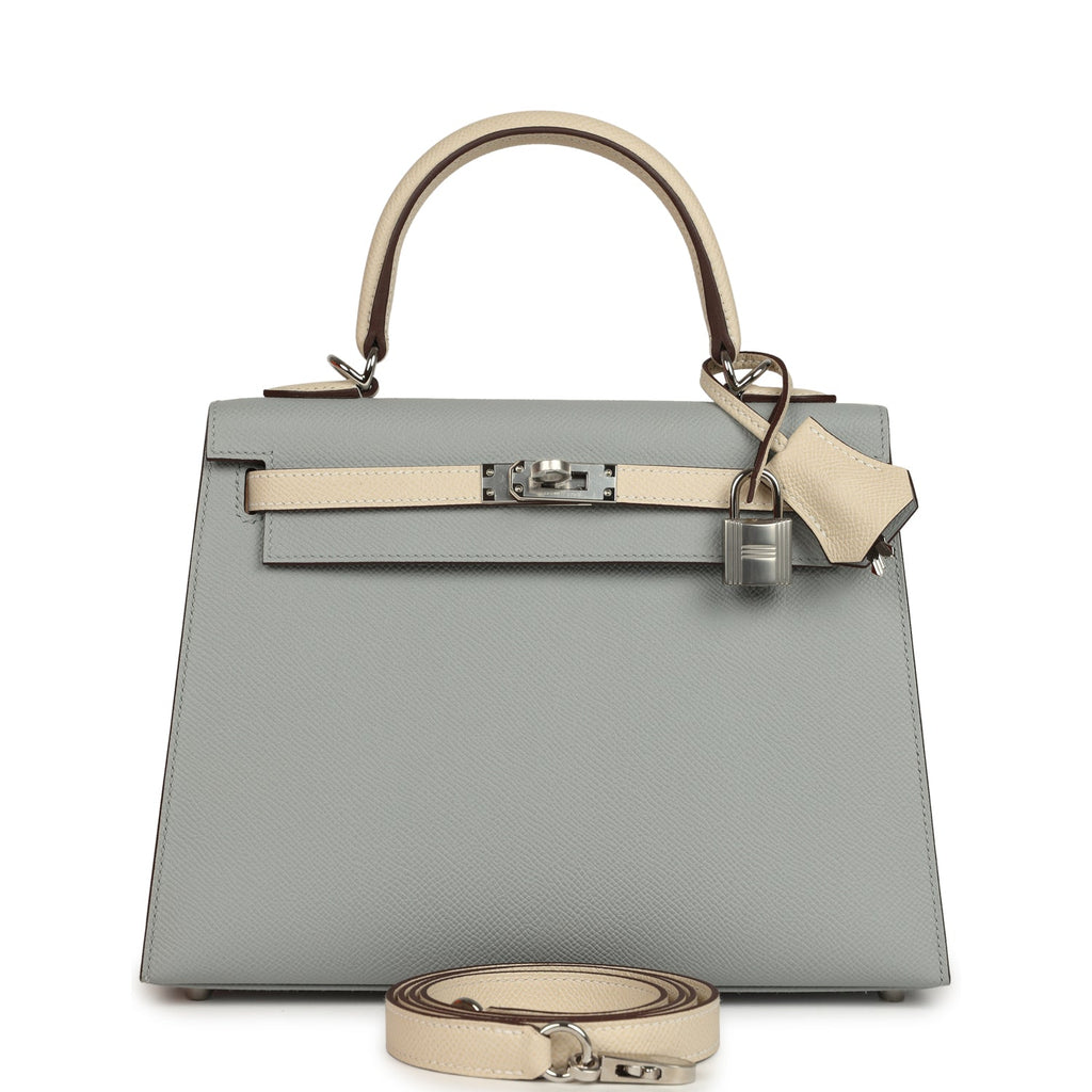 Hermes Special Order (HSS) Kelly Sellier 25 Bleu Glacier and Craie Epsom Palladium Hardware