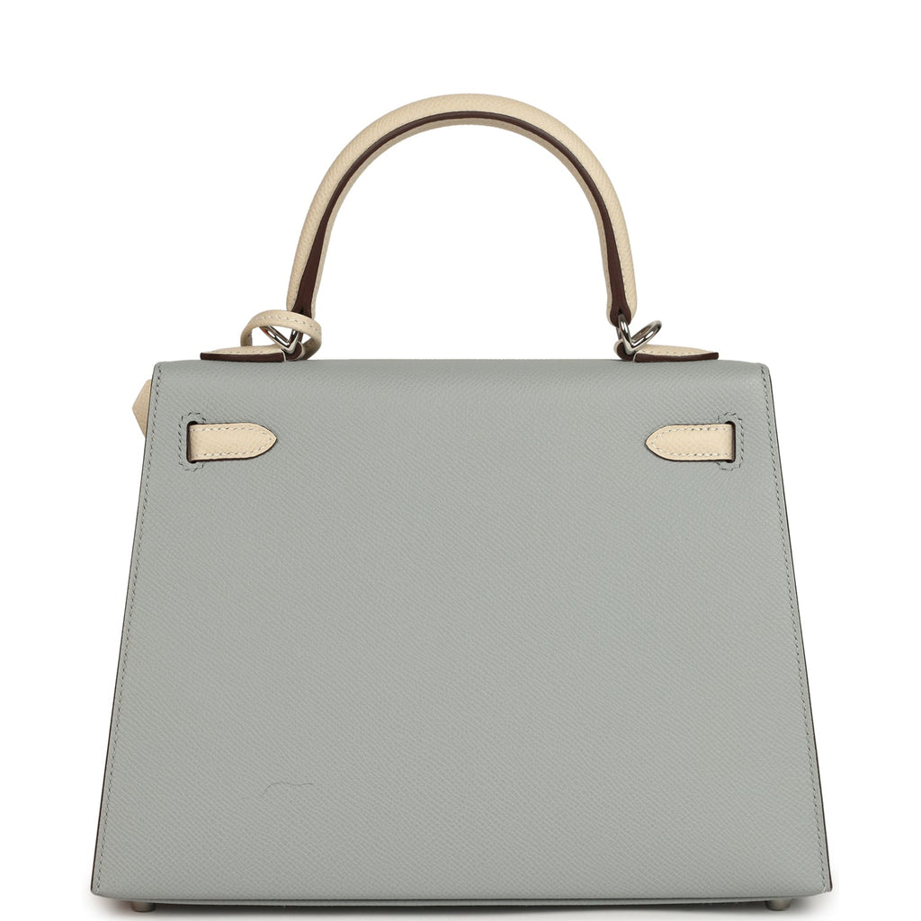Hermes Special Order (HSS) Kelly Sellier 25 Bleu Glacier and Craie Epsom Palladium Hardware