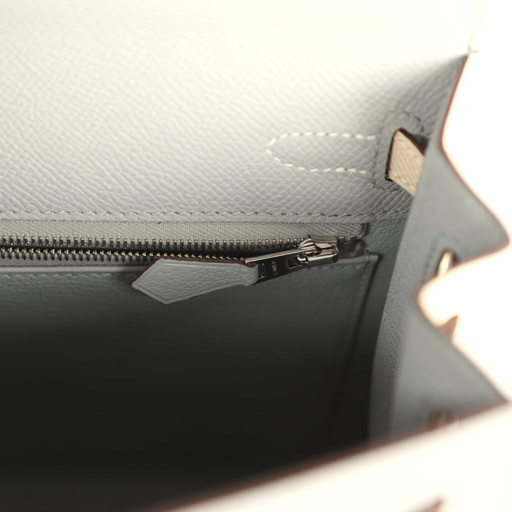 Hermes Special Order (HSS) Kelly Sellier 25 Bleu Glacier and Craie Epsom Palladium Hardware