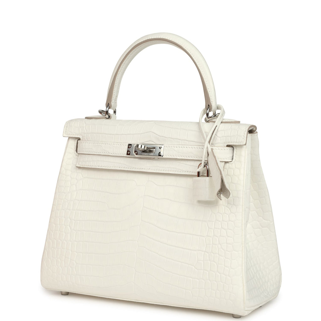 Hermes Kelly Retourne 25 Creme Chantilly Matte Crocodile Palladium Hardware