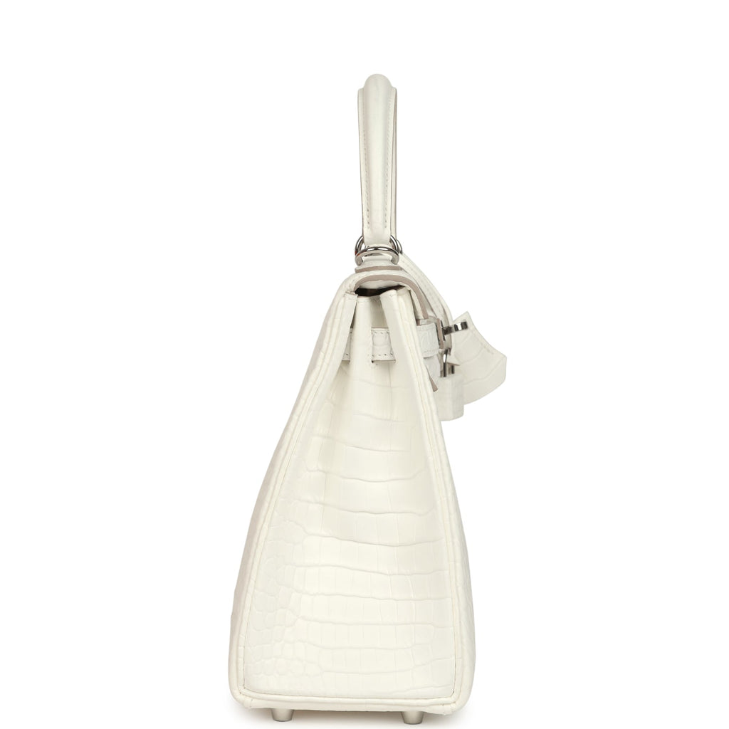 Hermes Kelly Retourne 25 Creme Chantilly Matte Crocodile Palladium Hardware