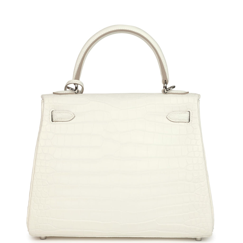 Hermes Kelly Retourne 25 Creme Chantilly Matte Crocodile Palladium Hardware