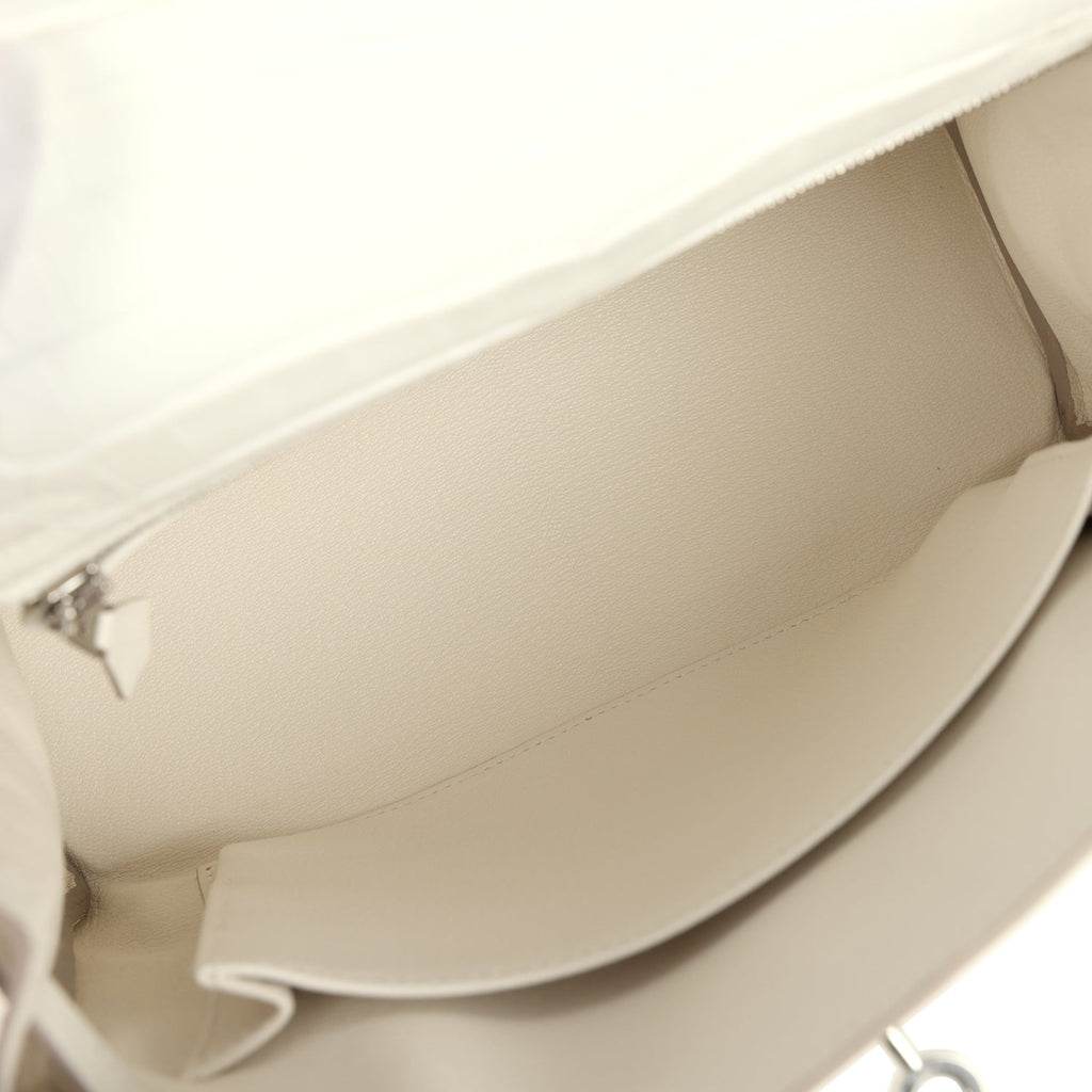 Hermes Kelly Retourne 25 Creme Chantilly Matte Crocodile Palladium Hardware