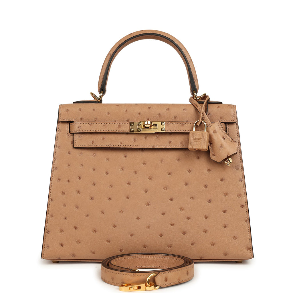 Pre-owned Hermes Kelly Sellier 25 Chai Ostrich Gold Hardware