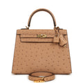 Pre-owned Hermes Kelly Sellier 25 Chai Ostrich Gold Hardware
