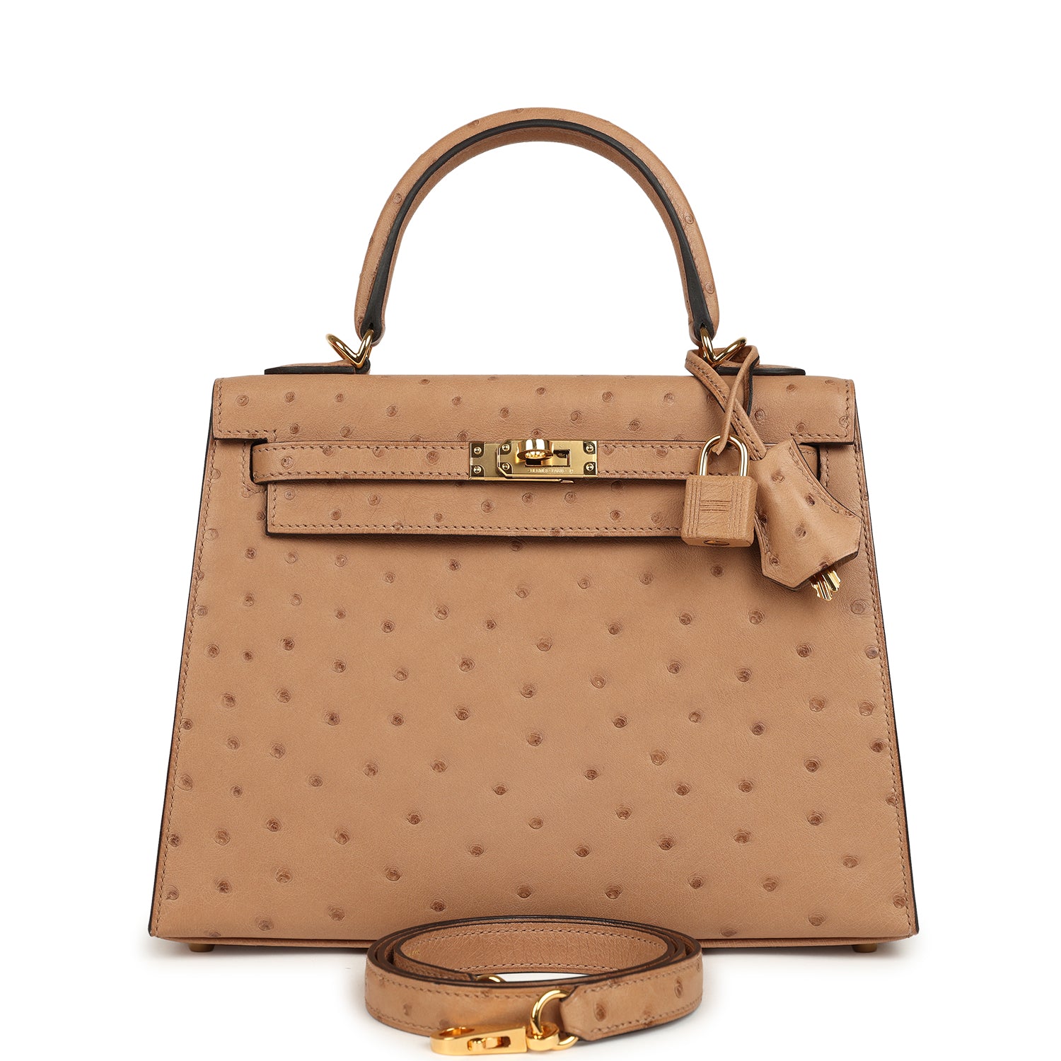 Pre-owned Hermes Kelly Sellier 25 Chai Ostrich Gold Hardware