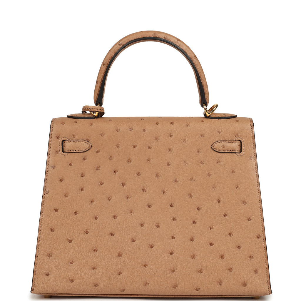 Pre-owned Hermes Kelly Sellier 25 Chai Ostrich Gold Hardware