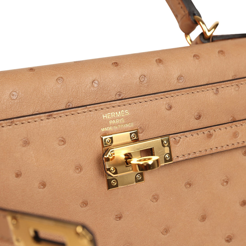 Pre-owned Hermes Kelly Sellier 25 Chai Ostrich Gold Hardware