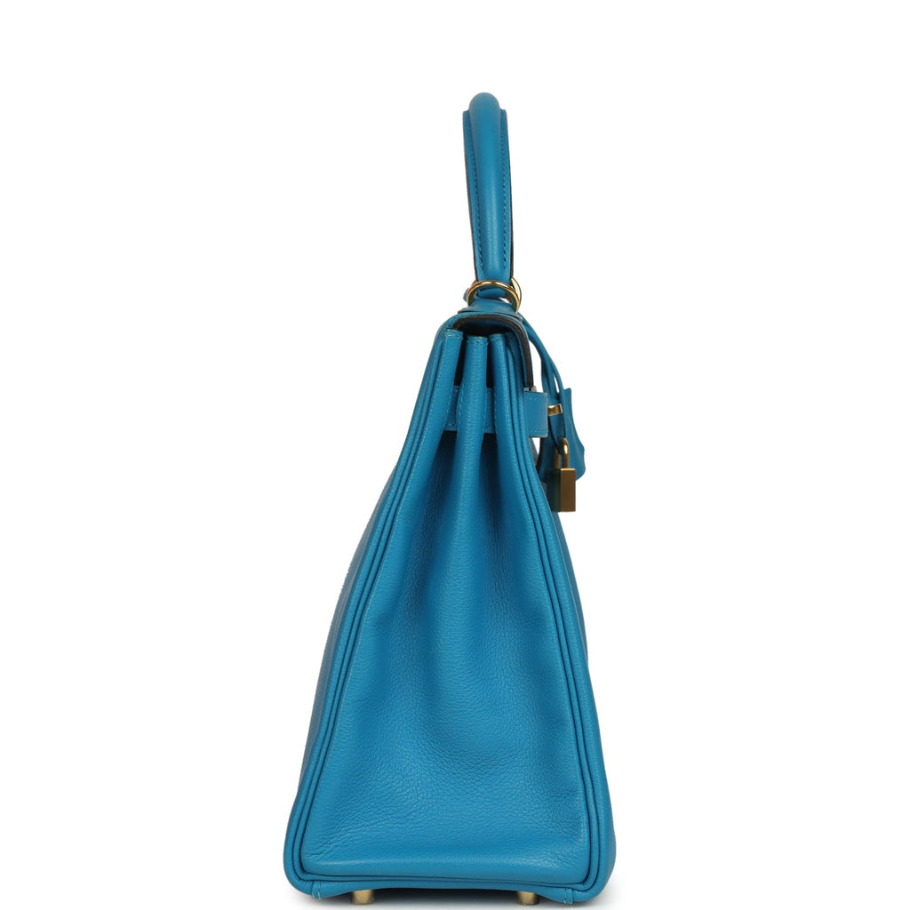 Pre-owned Hermes Kelly Retourne 32 Bleu Zanzibar Evercolor Gold Hardware