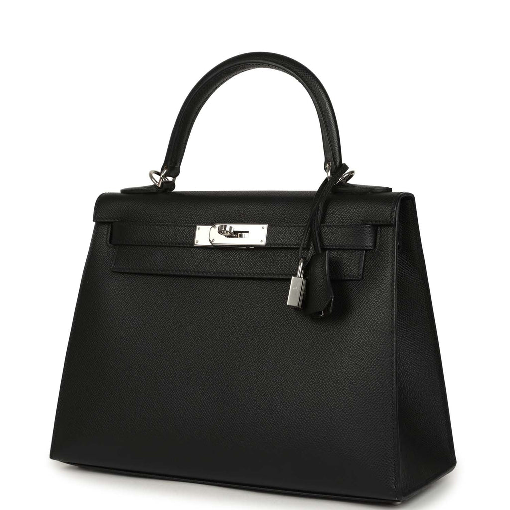 Pre-owned Hermes Kelly Sellier 28 Black Epsom Palladium Hardware