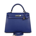 Pre-owned Hermes Kelly Sellier 28 Bleu Electric Tadelakt Palladium Hardware