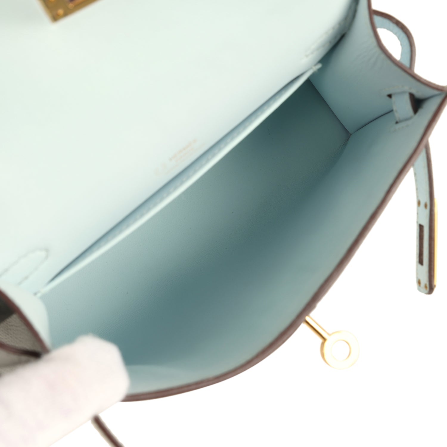 Hermes Special Order (HSS) Kelly Sellier 20 Casaque Bleu Brume and Bleu Glacier Epsom Brushed Gold Hardware