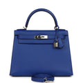 Pre-owned Hermes Kelly Sellier 28 Bleu Royal Verso Epsom Palladium Hardware