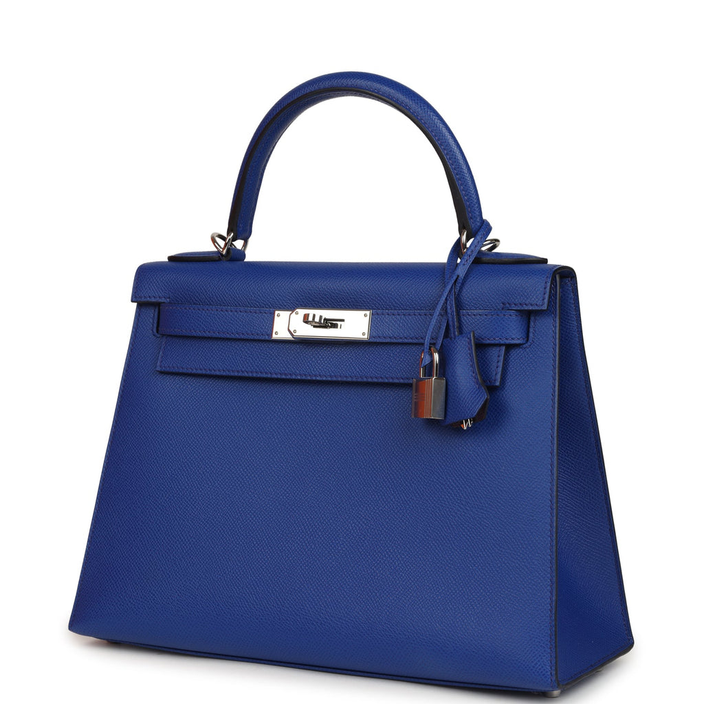 Pre-owned Hermes Kelly Sellier 28 Bleu Royal Verso Epsom Palladium Hardware
