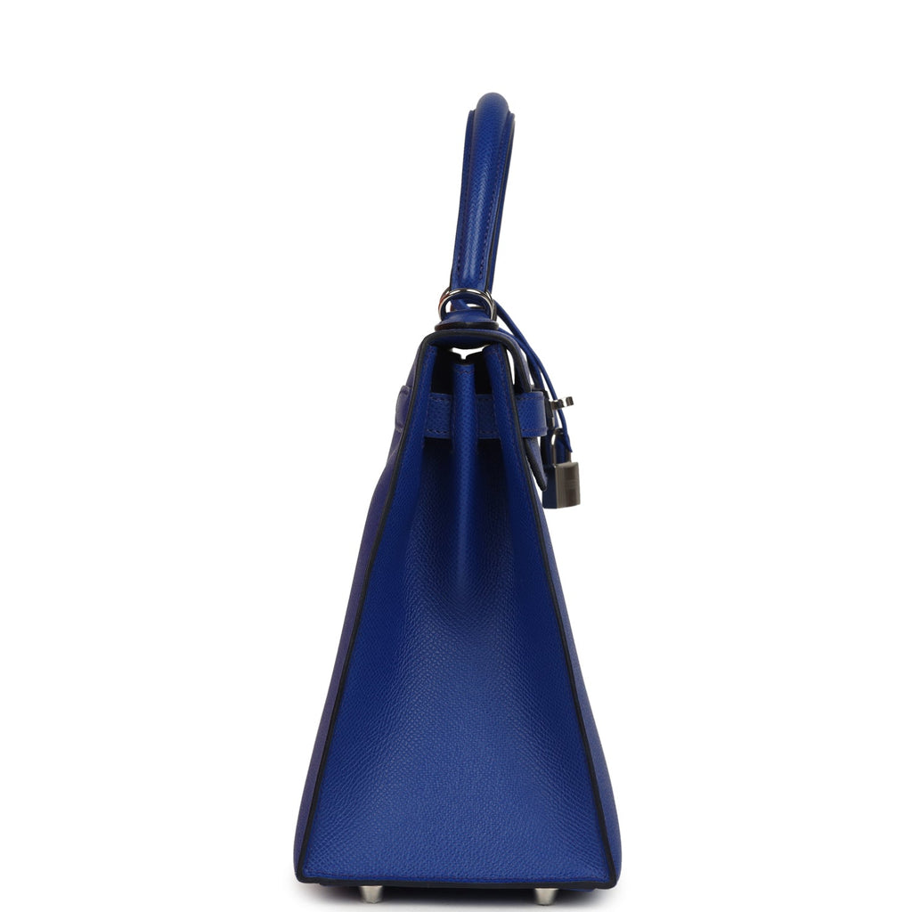 Pre-owned Hermes Kelly Sellier 28 Bleu Royal Verso Epsom Palladium Hardware