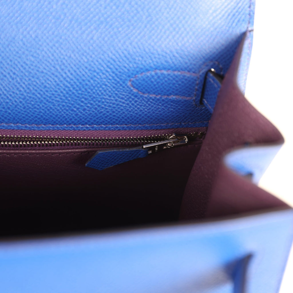 Pre-owned Hermes Kelly Sellier 28 Bleu Royal Verso Epsom Palladium Hardware