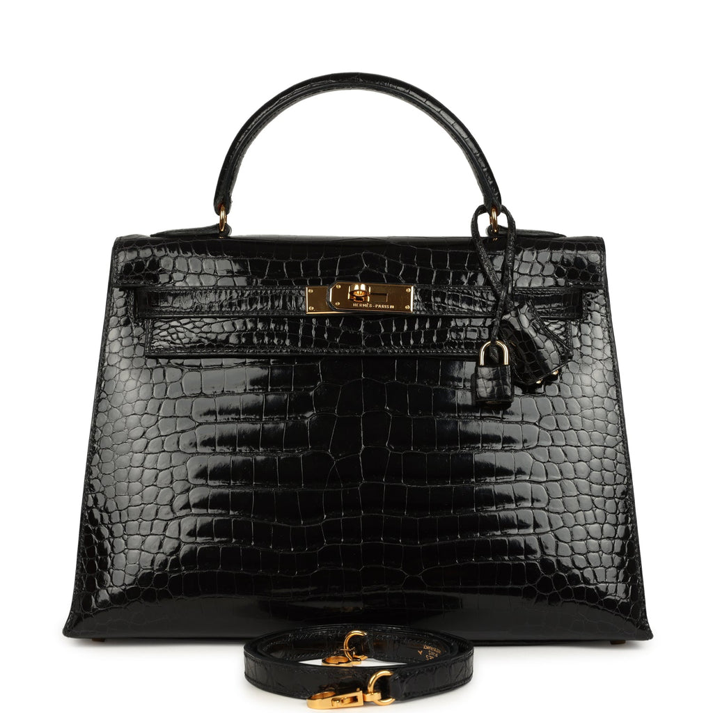 New Hermes Kelly Sellier 32 Black Shiny Porosus Crocodile Gold Hardware