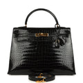 New Hermes Kelly Sellier 32 Black Shiny Porosus Crocodile Gold Hardware