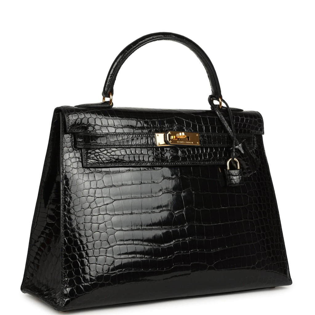 New Hermes Kelly Sellier 32 Black Shiny Porosus Crocodile Gold Hardware