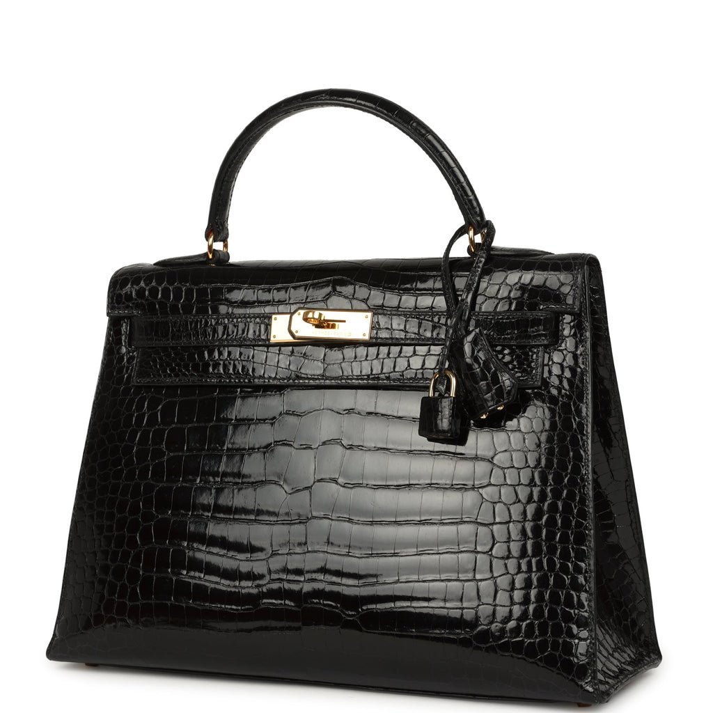 Vintage Hermes Kelly Sellier 32 Black Shiny Porosus Crocodile Gold Hardware
