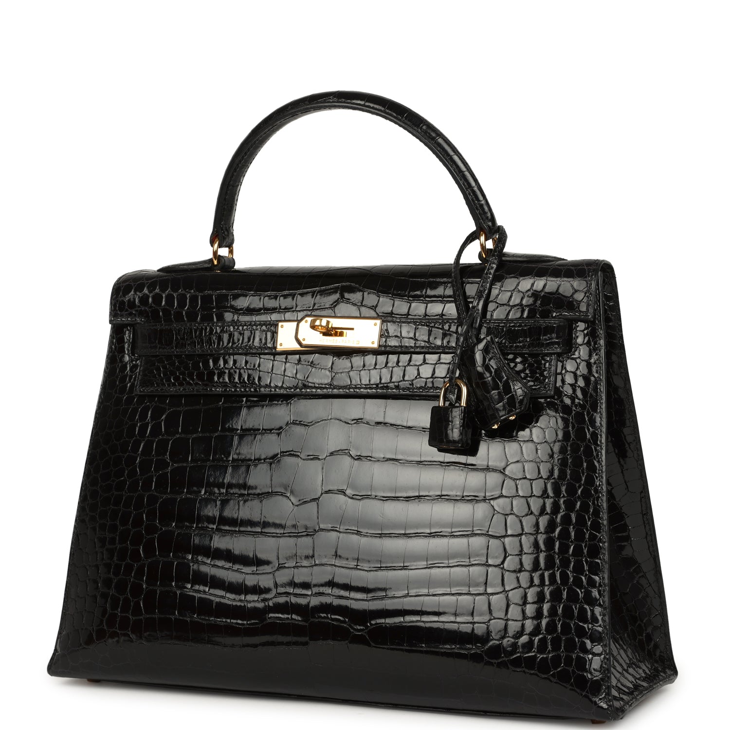 Vintage Hermes Kelly Sellier 32 Black Shiny Porosus Crocodile Gold Hardware