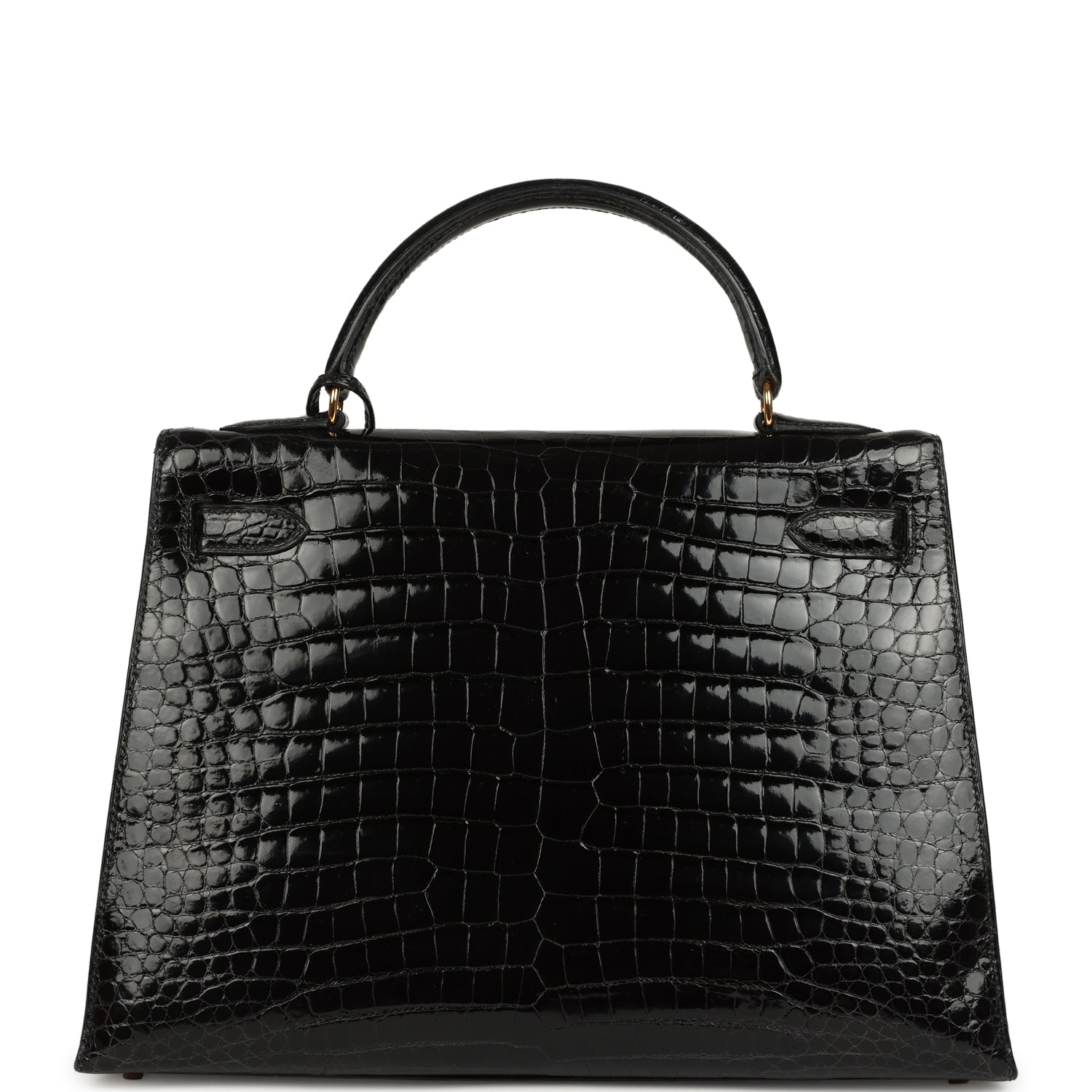 Vintage Hermes Kelly Sellier 32 Black Shiny Porosus Crocodile Gold Hardware