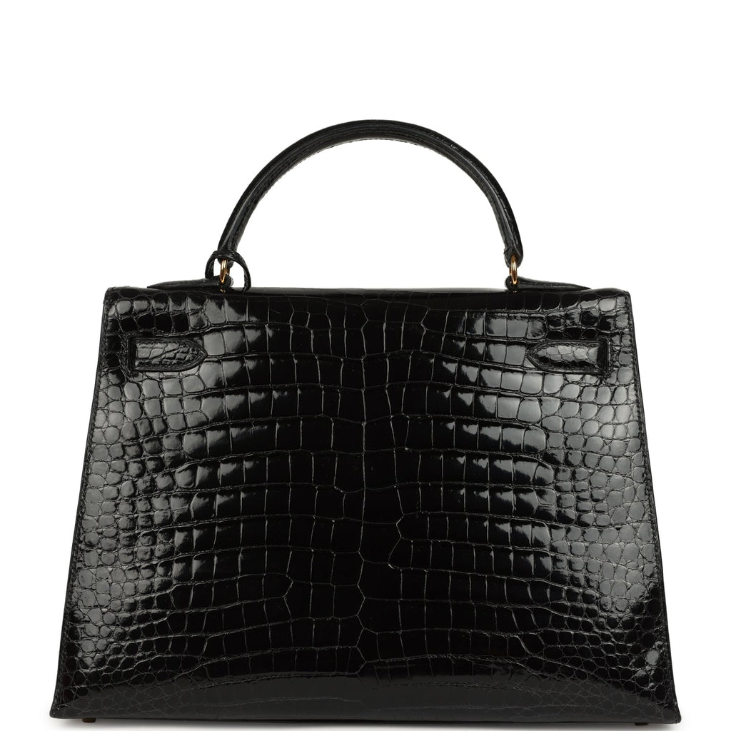 New Hermes Kelly Sellier 32 Black Shiny Porosus Crocodile Gold Hardware