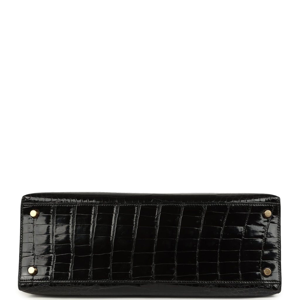 Vintage Hermes Kelly Sellier 32 Black Shiny Porosus Crocodile Gold Hardware