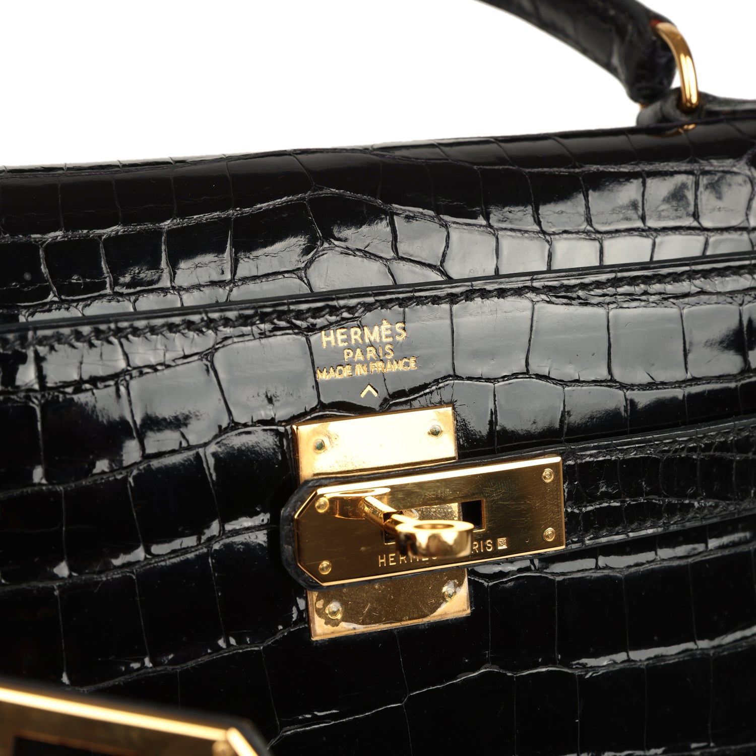 Vintage Hermes Kelly Sellier 32 Black Shiny Porosus Crocodile Gold Hardware