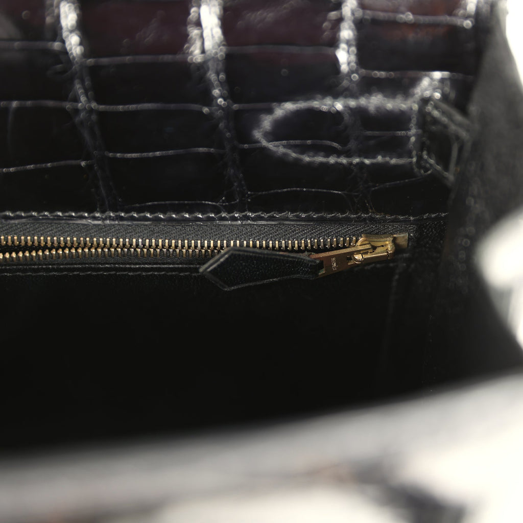 Vintage Hermes Kelly Sellier 32 Black Shiny Porosus Crocodile Gold Hardware