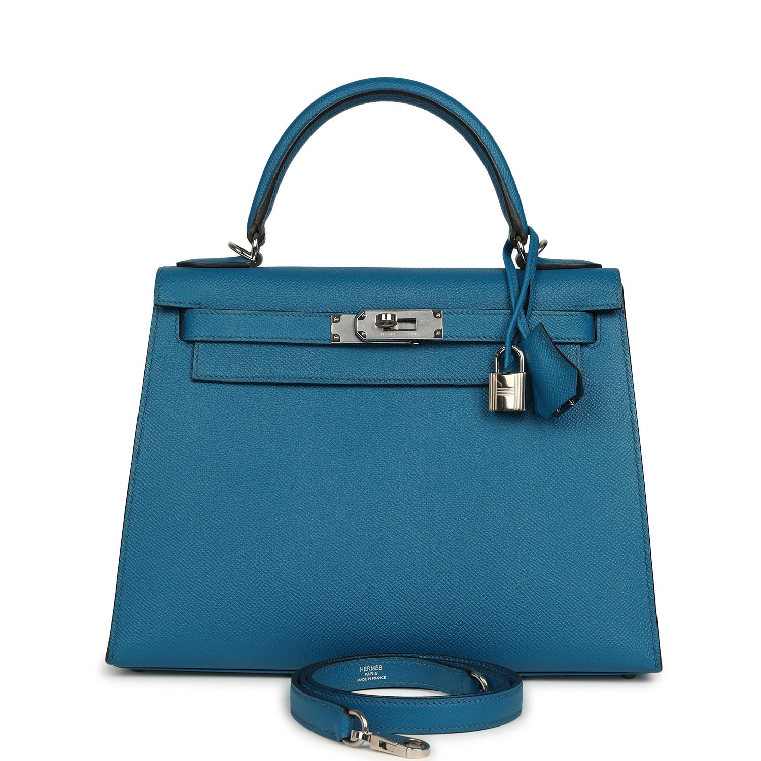 Pre-owned Hermes Kelly Sellier 28 Bleu Izmir Epsom Palladium Hardware