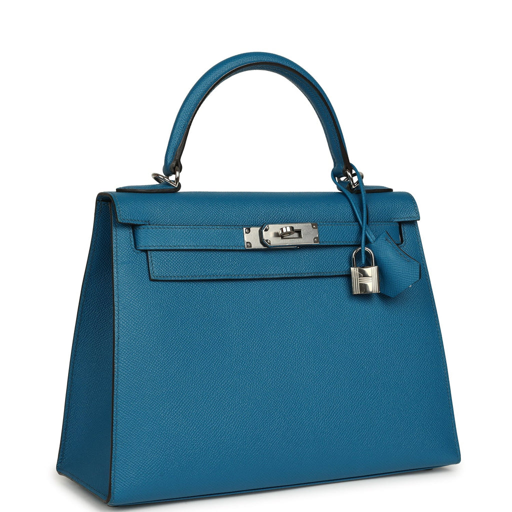 Pre-owned Hermes Kelly Sellier 28 Bleu Izmir Epsom Palladium Hardware