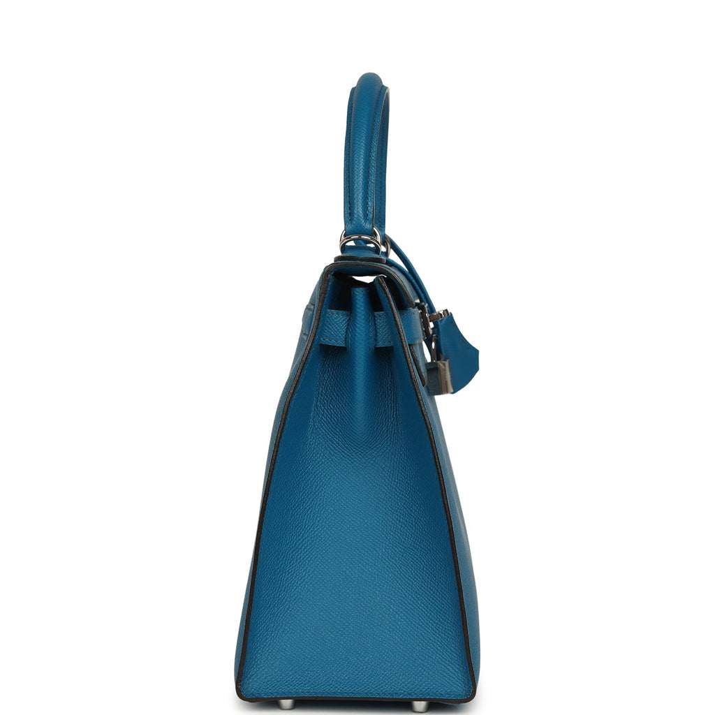 Pre-owned Hermes Kelly Sellier 28 Bleu Izmir Epsom Palladium Hardware
