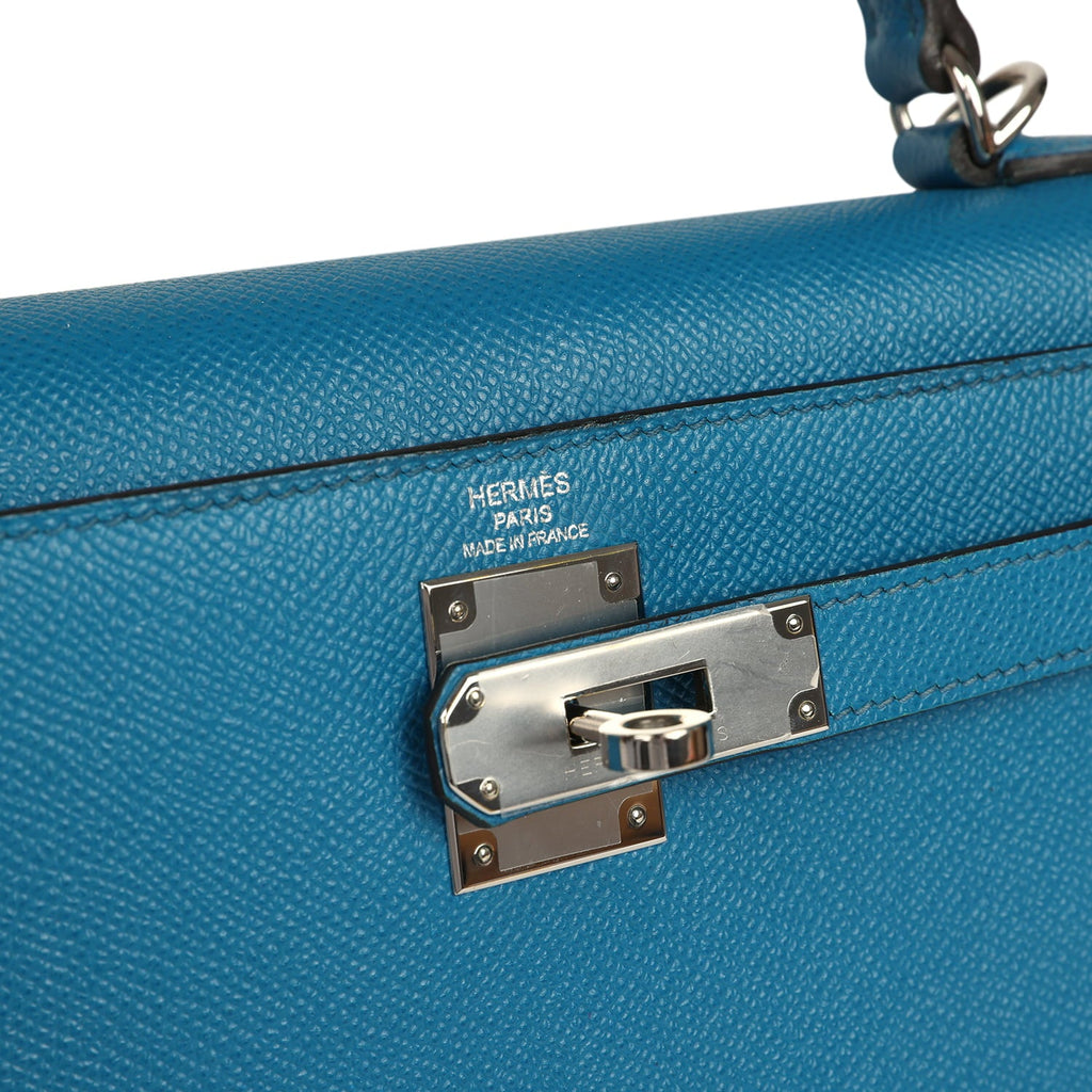 Pre-owned Hermes Kelly Sellier 28 Bleu Izmir Epsom Palladium Hardware