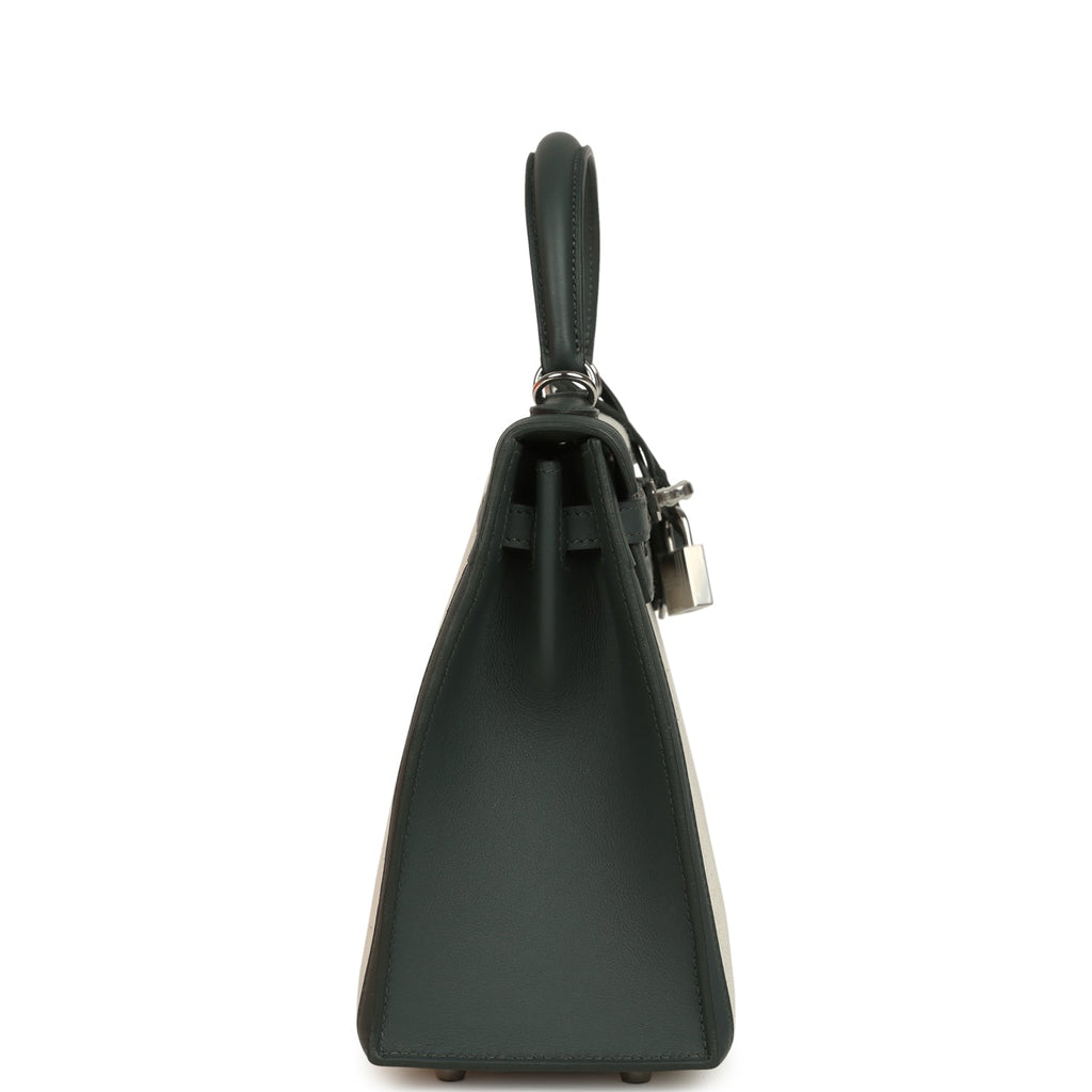 Hermes Kelly Sellier 25 Vert Mangrove and Ecru & Vert Amande Toile H Canvas Palladium Hardware