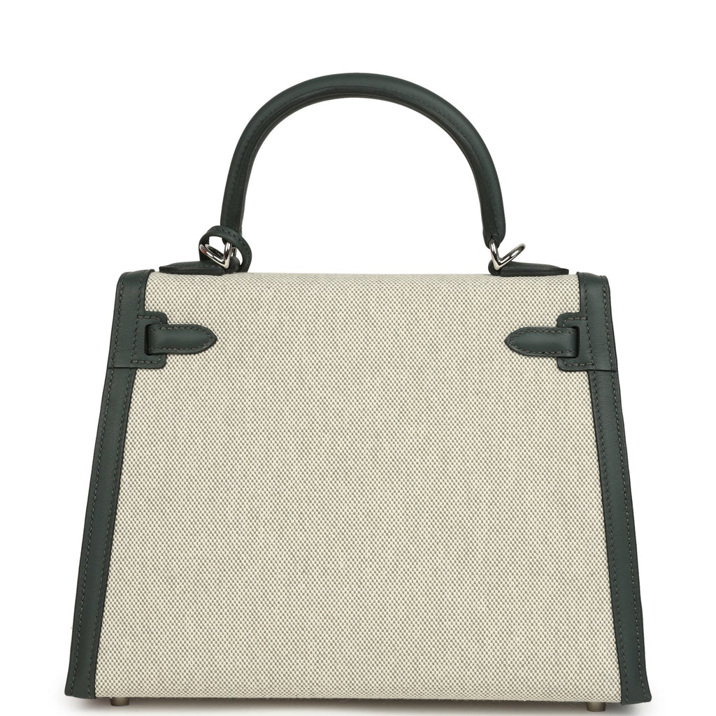 Hermes Kelly Sellier 25 Vert Mangrove and Ecru & Vert Amande Toile H Canvas Palladium Hardware