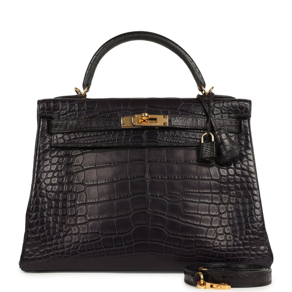 Pre-owned Hermes Kelly Retourne 32 Aubergine Matte Alligator Gold Hardware