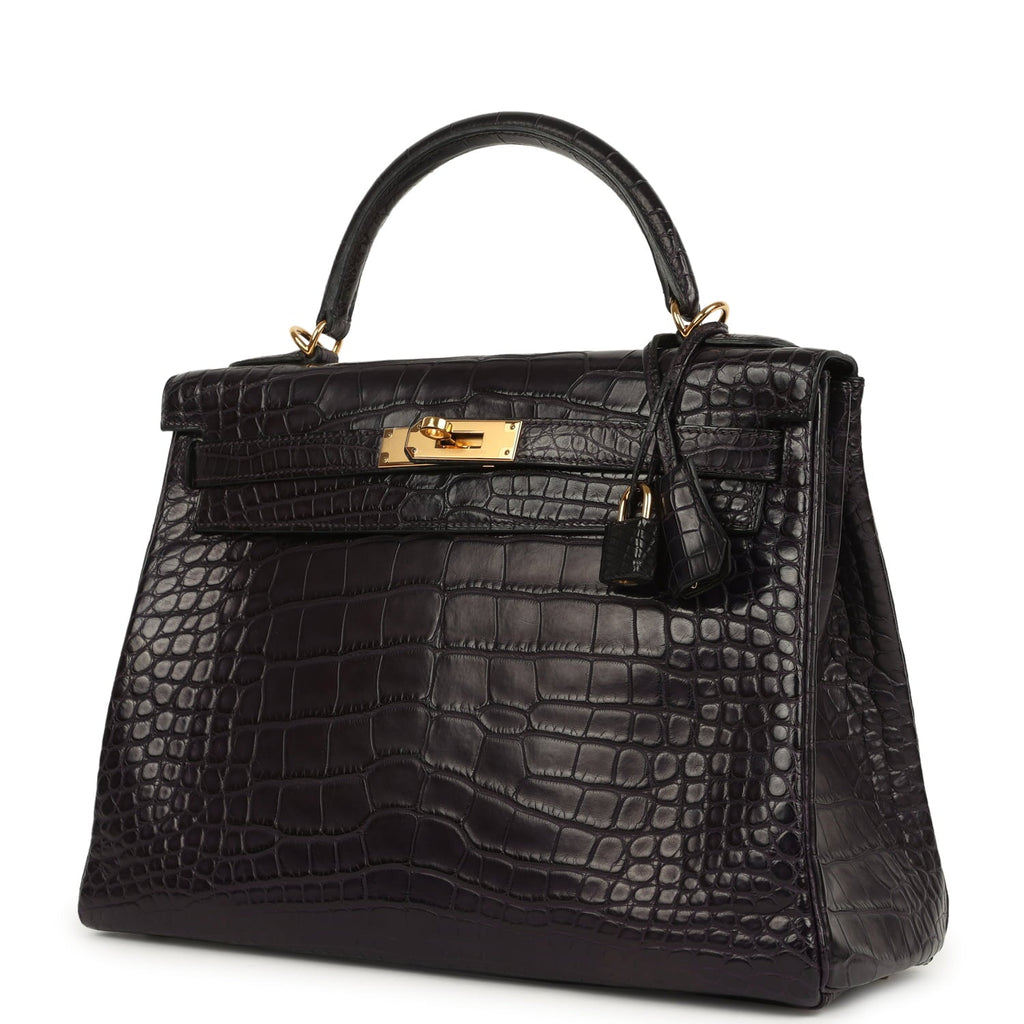 Pre-owned Hermes Kelly Retourne 32 Aubergine Matte Alligator Gold Hardware