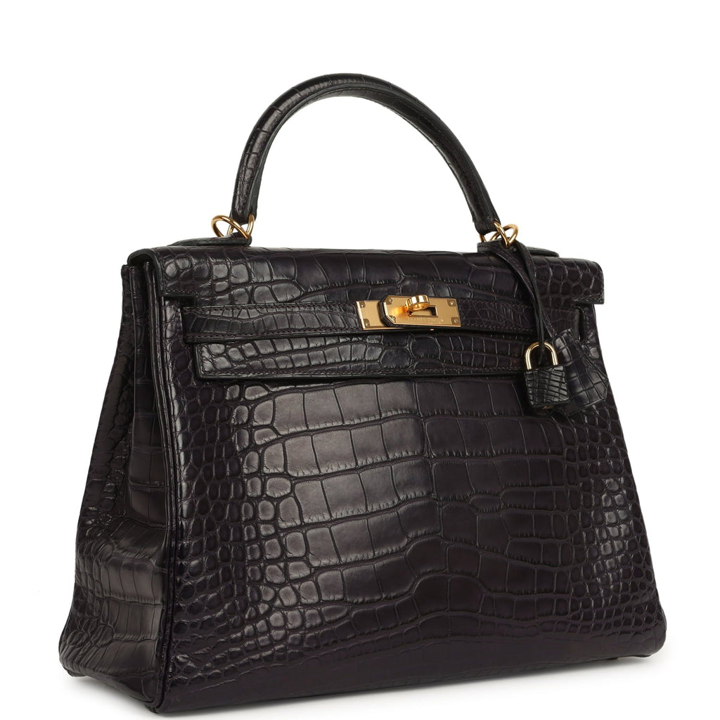 Pre-owned Hermes Kelly Retourne 32 Aubergine Matte Alligator Gold Hardware