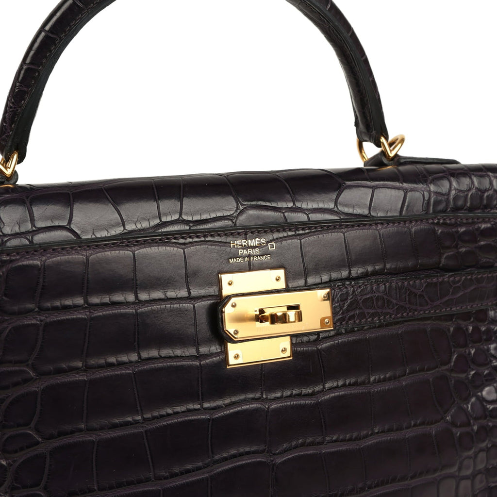 Pre-owned Hermes Kelly Retourne 32 Aubergine Matte Alligator Gold Hardware
